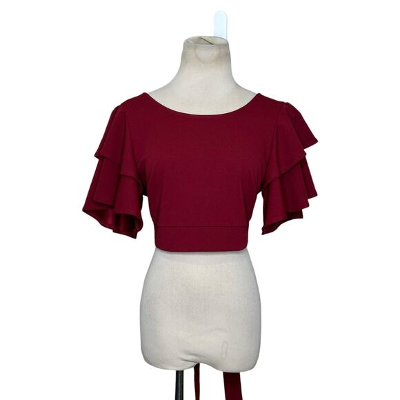 Cameo red short bell sleeves back tie crop blouse size Large - Picture 1 of 12